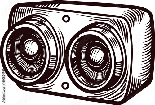Hand drawn vintage stereo speaker illustration with double woofers and detailed engraved