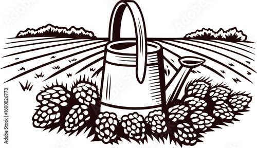 Vintage engraved watering can with hop cones in rural field illustration, black and white farming agriculture sketch
