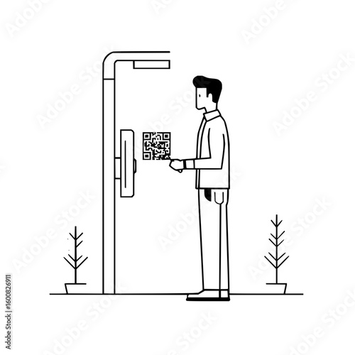 Man scanning qr code at kiosk with plants on either side in a minimalist black and white illustration