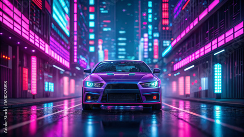 Futuristic car with vibrant neon lights in cyberpunk city street, glowing reflections on wet asphalt, anime inspired atmosphere, night urban scene, energetic mood