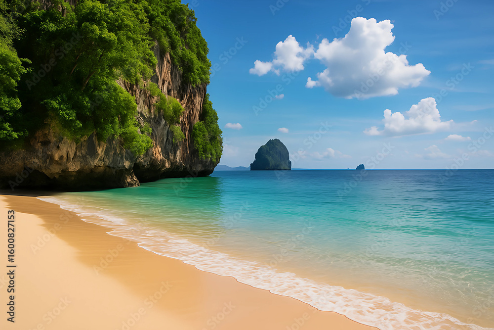 Obraz premium Serene Beach Paradise: A breathtaking view of a pristine beach with crystal-clear turquoise waters gently lapping against soft, golden sands, with a backdrop of lush greenery and clear, blue skies.