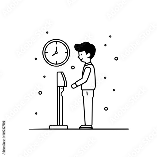 A person uses a hand sanitizer dispenser with a clock on the wall and dots scattered around the background