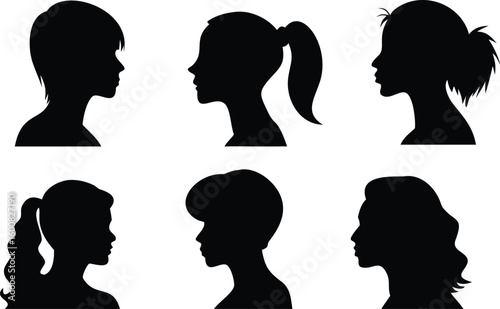 Female Silhouette Collection Different Hairstyles and Profiles in Black and White Graphics
