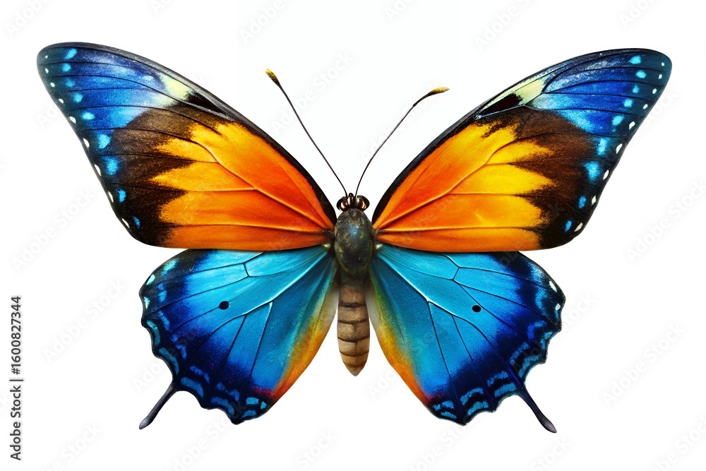 Obraz premium Vibrant blue and orange butterfly with intricate wing patterns on white background