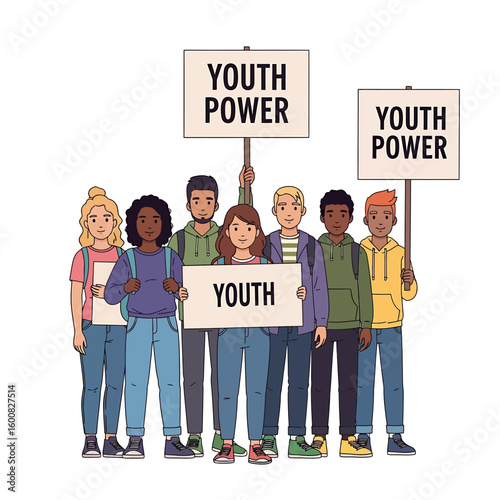 A diverse group of young people stand together holding signs advocating for youth power and youth empowerment.