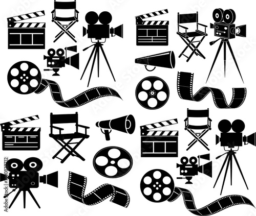 A collection of classic film and cinema elements in elegant black and white vector illustrations.