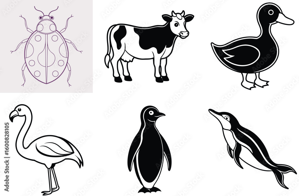 Fototapeta premium Cartoon vector animal set: farm, wild, and pet silhouettes including cow, bird, and duck illustrations