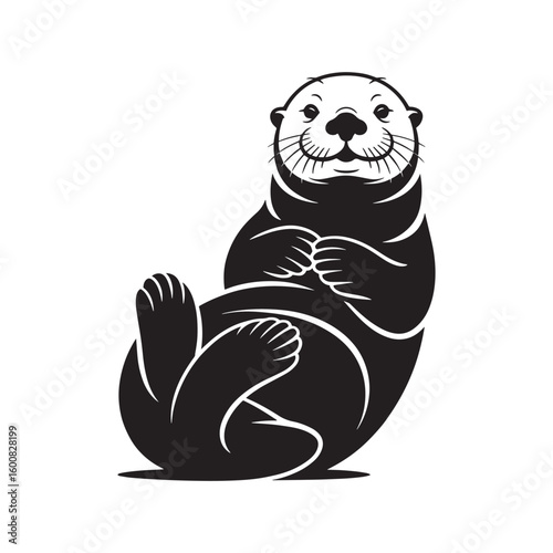 Playful black silhouette of a happy sea otter floating on its back with paws up isolated on white background