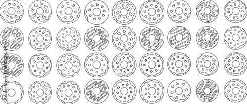 Black and white line art collection of various decorated doughnuts for bakery and dessert design elements