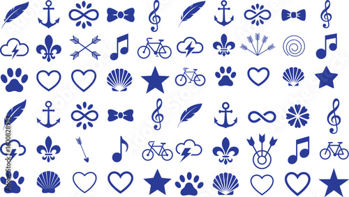 Collection of blue decorative vector icons featuring various shapes such as hearts anchors and musical notes