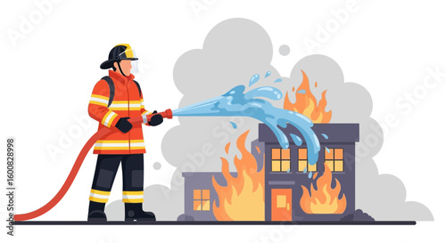 Brave firefighter extinguishing a blazing building with water hose cartoon vector illustration
