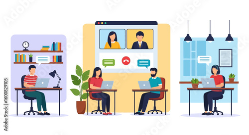 Illustrative remote team collaboration showcasing video conferencing and individual workspaces
