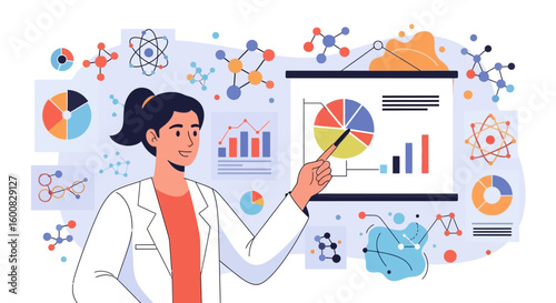 Illustration of a scientist analyzing data, presenting research findings on graphs and charts with