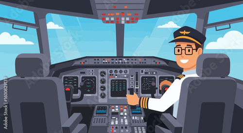 Cheerful airplane pilot navigating cockpit, clear skies and safe flight imagery
