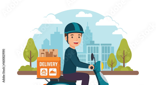 Illustration of a delivery driver on a scooter with a cityscape backdrop ready to deliver packages