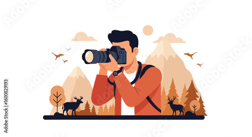 A photographer is taking pictures of wildlife in nature with a digital camera illustration of