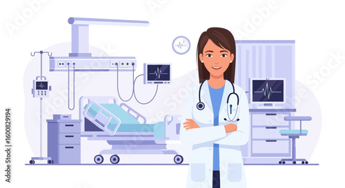Illustration of a confident female doctor in a modern hospital intensive care unit