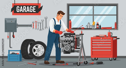 Illustration of a mechanic working on a car engine in a garage workshop setting with various tools