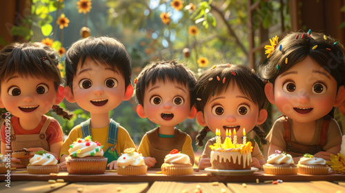 Asian toddlers aged 2–3 enjoy a joyful birthday party at kindergarten, on soft flooring, with bright lighting, cheerful vibes, in 3D animation style, rendered in 8K ultra HD...