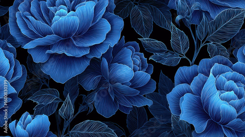 Elegant Blue Roses Floral Pattern on Black Background
