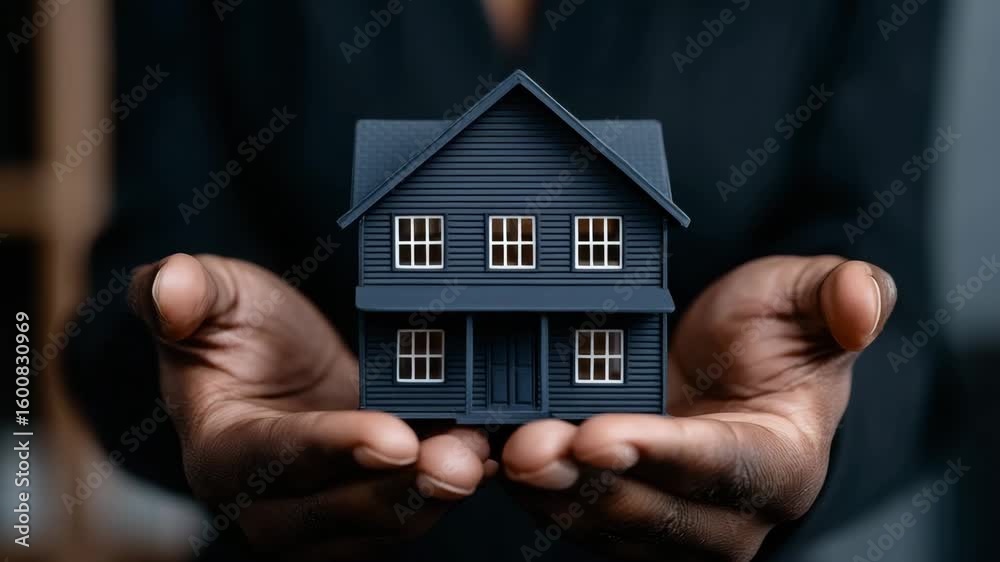 Individual holding a small model house in hands during real estate discussion in an indoor setting Individual holding a small model house in hands during real estate discussion in an indoor setting