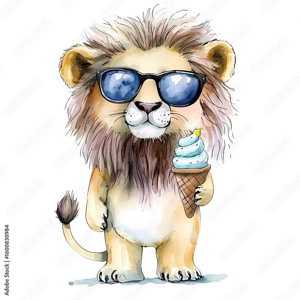 Naklejka premium Playful lion enjoying ice cream on a sunny day whimsical illustration fun environment children's art cute viewpoint joyful concept