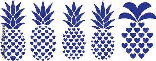 Decorative blue pineapple illustrations made from hearts isolated on white background representing love and affection