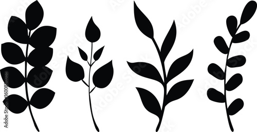 Four Unique Botanical Branches Illustration of Black Leafy Silhouettes on White Background