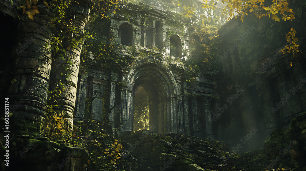 Obraz premium Leaves midjourney around a stony old-world edifice