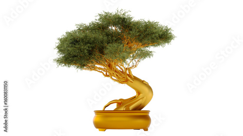 gold Bonsai Trees In Pots Isolated On transparent Background.