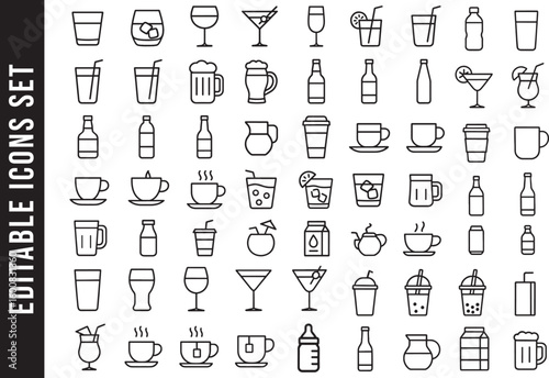 An Editable Line Art Icon Set of Various Drinks and Beverages