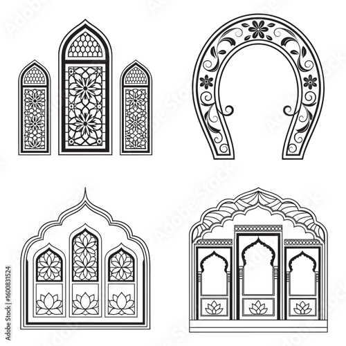 Diverse Architectural Designs Featuring Intricate Floral Patterns in Black and White Line Art for Creative Projects and Designs