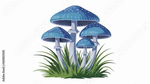 Cluster blue spotted mushrooms growing in green grass caps stems