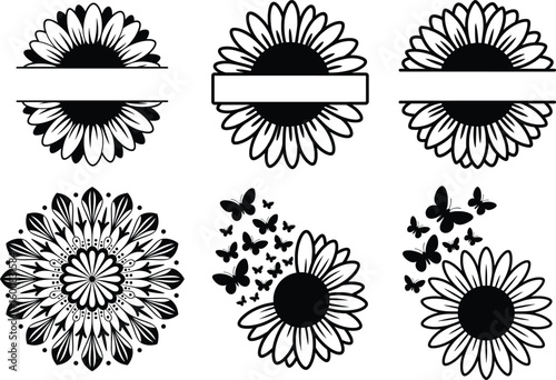 Elegant floral design elements including sunflowers butterflies and mandala decorations for various design applications