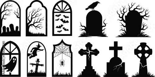 Halloween themed silhouette vectors featuring spooky gravestones witches bats spiders and more spooky elements