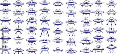 Numerous hand drawn ufos with alien pilots featuring various designs on white background