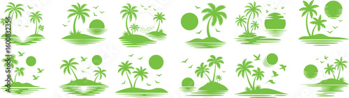Set of green silhouetted tropical island scenes with palm trees sun birds and water reflections