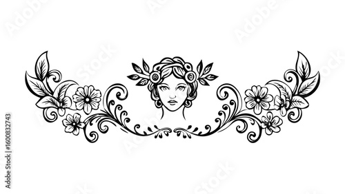 Ornamental divider with female face and floral curls