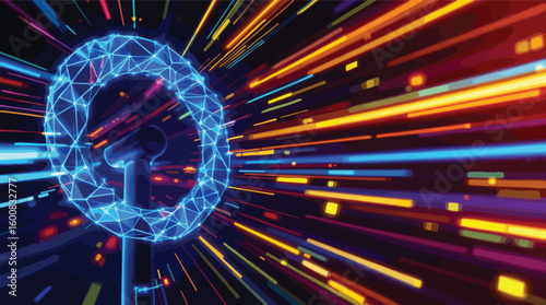 Abstract digital steering wheel with data trails illustrating connection and innovation.