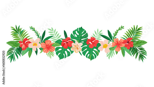 Tropical flower border with monstera leaves