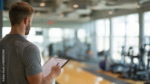 A focused personal trainer reviewing a client's fitness plan, standing inside a modern gym, the background showcasing equipment and blurred ambiance, offering a sense of motivation and well-being.