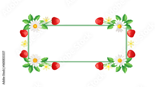 Strawberry flower rectangular frame with green stems