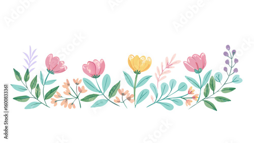 Horizontal floral divider with tulips and pastel colors