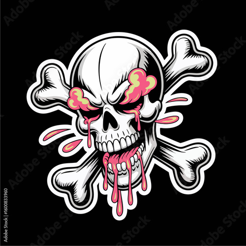 A stylized skull with crossed bones, featuring a menacing expression and dripping, colorful fluids.