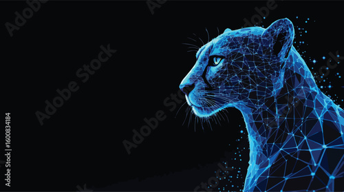 Blue polygonal cheetah head profile depicting futuristic digital network connection.