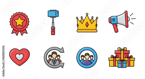 Colorful icons depicting success, social media, royalty, and gifting.