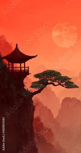 Serene Traditional Pavilion on Cliff with Sunset and Mountain Landscape