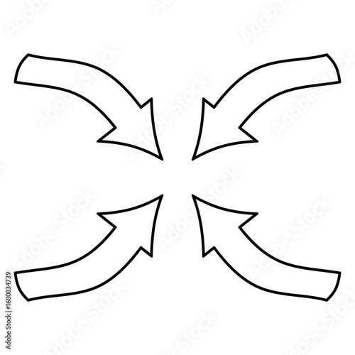 Four simple black curved arrows pointing to a central point, symbolizing focus, convergence, center of attention, unification, consolidation, or withdrawal.