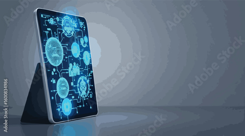 Digital tablet displaying futuristic network with glowing blue circuit board on a tech background.