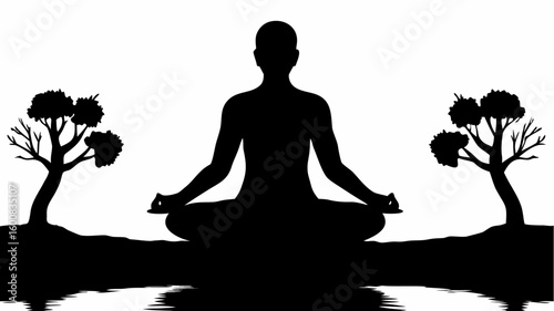 Silhouette of a person meditating in lotus position with trees and water reflections in monochrome style | editable eps vectors